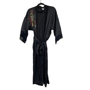 Vintage 70s Miss Dior Womens Robe Small S Black Floral Polyester Kimono Sleeves